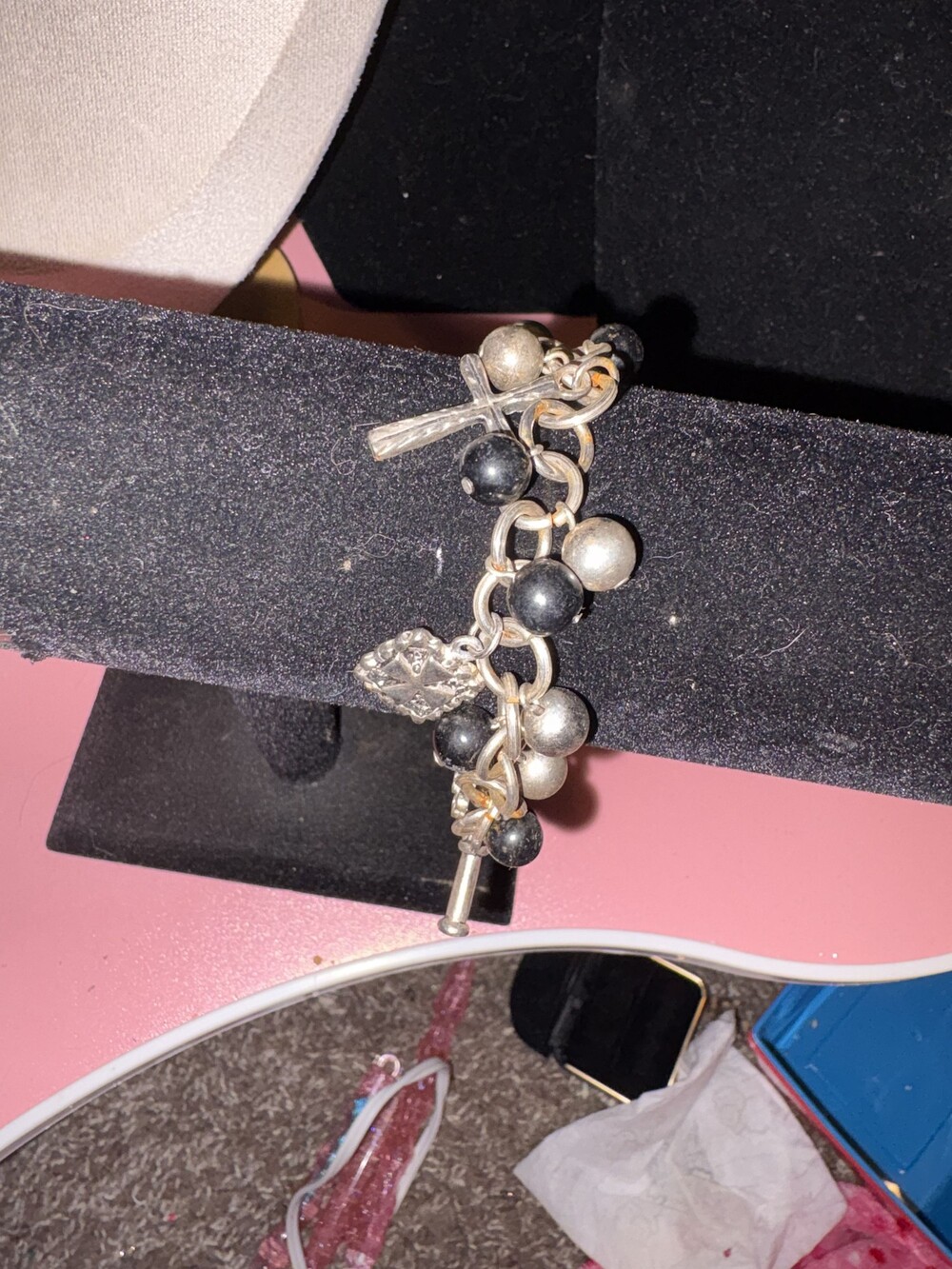 Vintage Silver Charm Bracelet with Black Beads Cross Charm Toggle Clasp